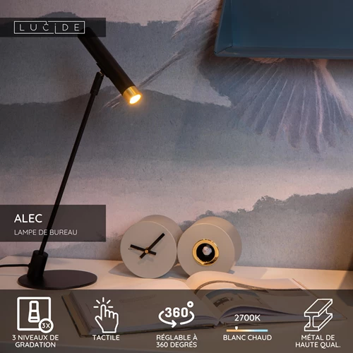 Lucide ALEC - Lampe de bureau - LED 3 StepDim - G9 - 1x3W 2700K - Des anneaux interchangeables inclus - Noir - USP